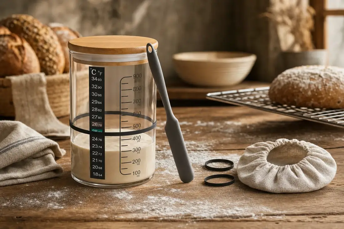 The jar on a kitchen counter beside a bowl of flour, the starter risen to the 600 ml mark