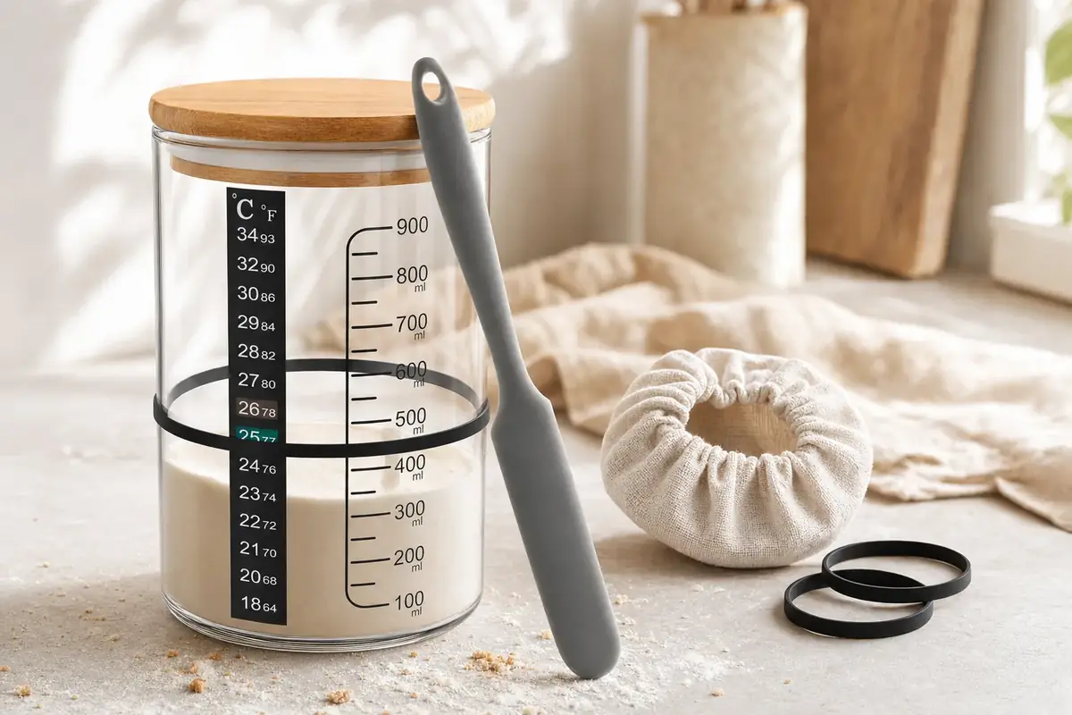 Graduated 900 ml sourdough starter jar with wooden lid and silicone spatula on a kitchen counter