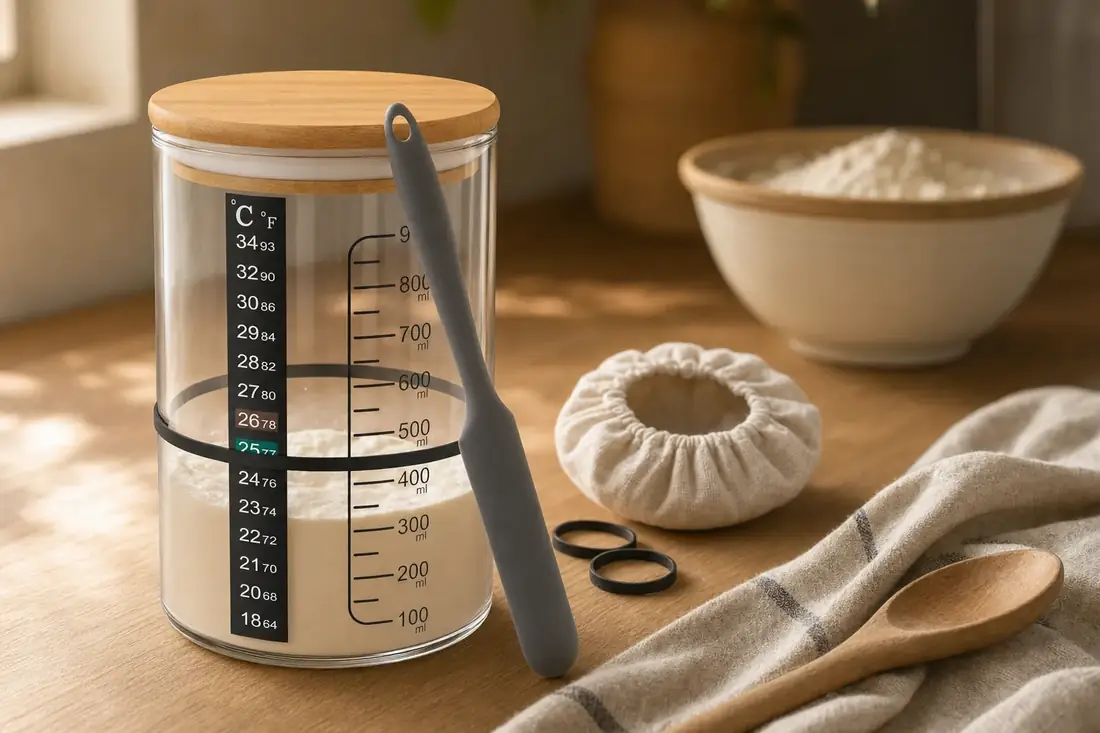 The jar on a kitchen countertop beside a linen towel, a bowl of flour and a wooden spoon