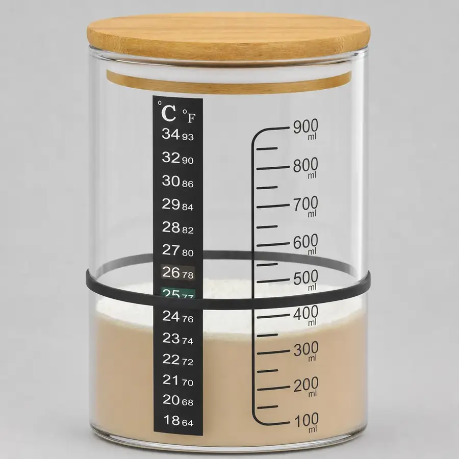 The jar with risen starter, an elastic band marking the feeding level and the temperature strip readable down the glass