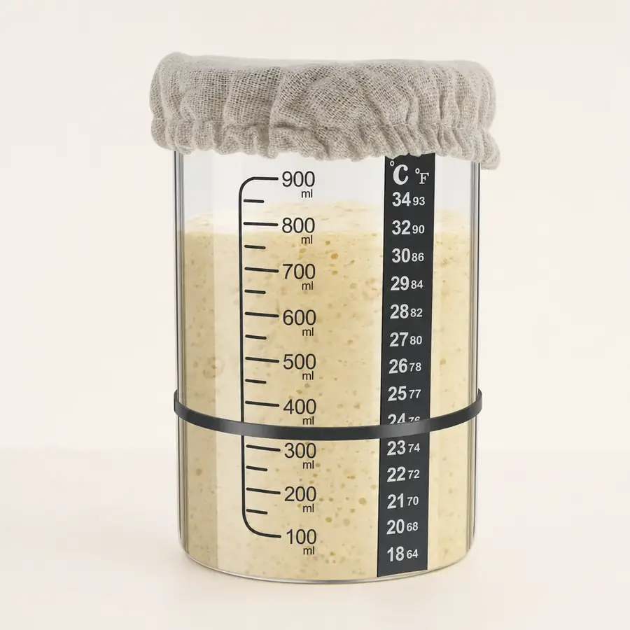 Starter risen past the 800 ml mark, with the temperature strip readable down the side of the glass